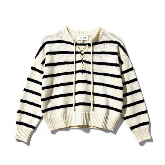 The Great. Sea Stripe Lace Up Pullover Women’s Sweater Size 0 XS Cream Black - Picture 2 of 8